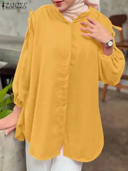 2023 ZANZEA Блузка Оверсайз Мусульманская Модная Рубашка Винтажные Топы На Пуговицах Для Женщин С Длинным Рукавом И Круглым Вырезом Blusas IsIamic Dubai Abaya