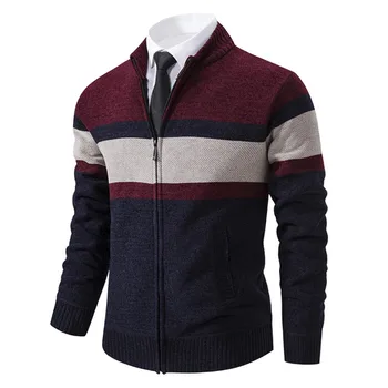 2023 Кардиган Для мужчин, Тонкие Вязаные свитера в полоску, Кардиган для мужчин, Осенне-зимняя мода, воротник-стойка, вязаный свитер на молнии, мужские свитера