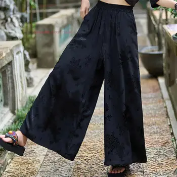 2023 китайские винтажные атласные жаккардовые шаровары, женские национальные шаровары с эластичной резинкой на талии, этнические повседневные свободные брюки с широкими штанинами