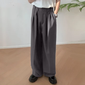 2023 Корейские мужские брюки с однотонными пуговицами и свободным карманом, повседневные Широкие брюки, Мужские брюки для уличной одежды