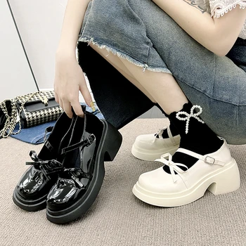 2023 Летняя женская обувь на платформе Kawaii в стиле Лолиты, однотонная нескользящая обувь в японском стиле, винтажные лодочки с круглым носком на мелкой подошве Mary Janes