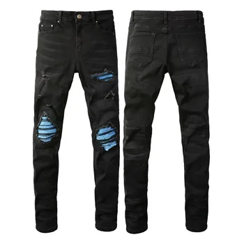 2023 Мужские джинсы, крутые рваные обтягивающие брюки, стрейчевые узкие джинсовые брюки большого размера в стиле хип-хоп, черные, синие Повседневные джинсы для бега для мужчин