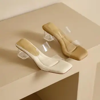 2023 новые мягкие прозрачные сандалии без застежки, летние женские тапочки на толстом низком каблуке с кристаллами для пригородных поездок