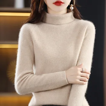 2023 Осенне-зимний женский новый пуловер из 100% шерсти, повседневный вязаный однотонный свитер Поло средней высоты, мягкая и дышащая блузка
