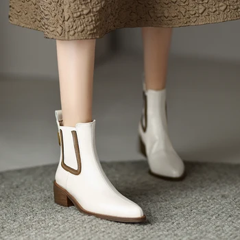 2023 Осенние женские ботинки из спилка, ботильоны с острым носком и на толстом каблуке, зимние ботинки в стиле Вестерн, женская обувь, женская обувь Челси