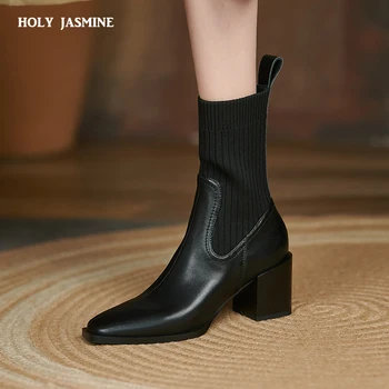 2023 Осень-зима, новые носки до щиколотки, женская мода, большой размер 42, вязаные короткие ботинки, женские слипоны на высоком каблуке, Botas De Mujer