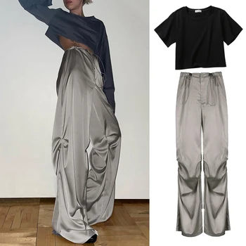 DEEPTOWN/ Сексуальные комплекты брюк с широкими штанинами, женская плиссированная одежда из 2 предметов, Укороченная женская уличная одежда в стиле хип-хоп, модные костюмы для клуба