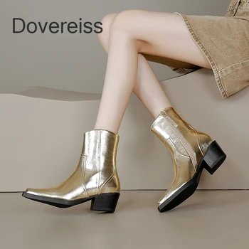 Dovereiss 2023 Зимняя мода Женская обувь на блочном каблуке из натуральной кожи на молнии Серебристо-золотистые Женские ботинки Женские Короткие сапоги 40