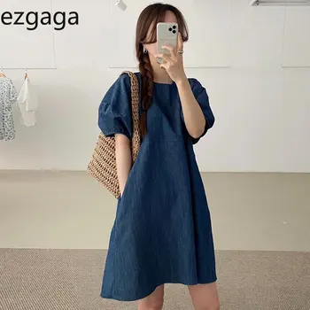 Ezgaga Винтажные платья во французском стиле, Женское летнее Новое джинсовое платье с коротким рукавом и круглым вырезом, Мини-шикарное женское модное повседневное