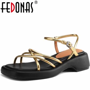 FEDONAS 2023, Женские босоножки на узкой платформе, Летние повседневные офисные туфли из натуральной кожи на толстом каблуке, Женская обувь для отдыха