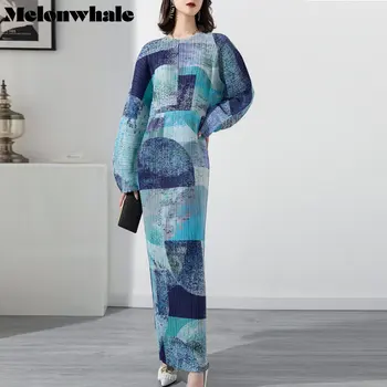 MelonWhale Miyake, плиссированное винтажное платье с принтом, Элегантное женское платье оверсайз, Оригинальное дизайнерское Новое Летнее платье больших размеров 2023 года