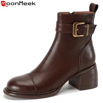 MoonMeek 2023, новые винтажные зимние ботинки из натуральной кожи, женская обувь на среднем квадратном каблуке, женские ботильоны на молнии