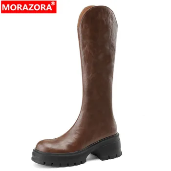 MORAZORA 2023, Новые высококачественные женские сапоги до колена, обувь на платформе и высоком квадратном каблуке, осенние ботинки из натуральной кожи на молнии