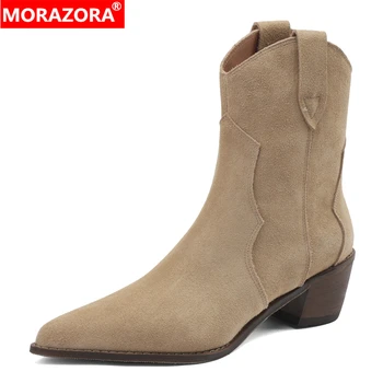 MORAZORA / Новые женские ботильоны из коровьей замши, ботинки в западном стиле на высоком массивном каблуке с острым носком, осенне-зимняя женская обувь