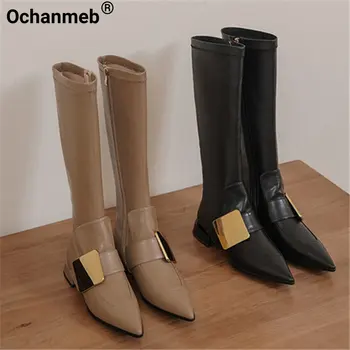 Ochanmeb/ Женские сапоги до колена из натуральной кожи с застежкой-молнией, украшенные золотистым металлом, черные стрейчевые ботинки телесного цвета на низком каблуке, осень-зима