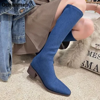 Ochanmeb/ Синие джинсы, джинсовые сапоги на среднем блочном каблуке, на молнии, сапоги до колена, с квадратным носком, Женская обувь, Дизайнерский Роскошный осенне-зимний шик
