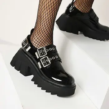 QPLYXCO Лакированная искусственная кожа, круглый носок, панк-готический стиль, Однотонные черные женские туфли на плоской платформе с круглым носком, Женская обувь на толстой подошве с пряжкой