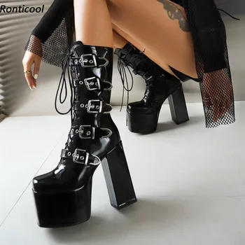 Ronticool/ Женские весенние ботинки до середины икры с ремешком и пряжкой, черные вечерние туфли на массивном каблуке с квадратным носком, большие размеры США 5-16