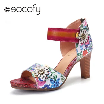 Socofy Цветочный принт, крючок-петля, открытый носок, молния сзади, этнические кожаные сандалии на каблуке с защитой от скольжения, женская осенне-весенняя обувь в богемном стиле