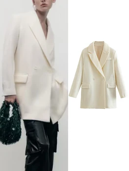 TRAF, Женское модное Двубортное шерстяное пальто, осень-зима, Винтажная Женская верхняя одежда с длинными рукавами и карманами с клапанами, Шикарное пальто