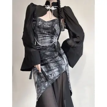 WDMSNA, Новое тонкое черное платье на подтяжках с принтом + женская рубашка с длинным рукавом и вырезом-стойкой, Летний Винтажный женский комплект из двух предметов, наряды