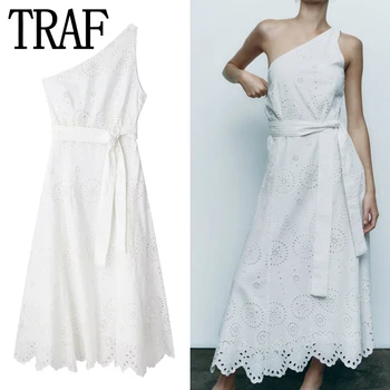 Белое платье с вышивкой TRAF, Женские летние Длинные платья с асимметричным вырезом Для женщин 2023, Шикарное и элегантное Женское платье