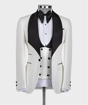 Белый и черный тканевый свадебный смокинг жениха Slim Fit, 3 шт. блейзер, жилет, брюки, мужской костюм цвета слоновой кости по индивидуальному заказу