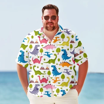 Большая и Высокая Гавайская Рубашка Для Мужчин, Винтажный Мультяшный Принт Динозавра, Летняя Одежда Больших Размеров С Коротким Рукавом, Одежда Оверсайз Y2kStreetwear