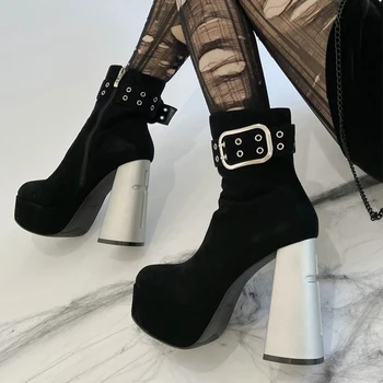 Ботильоны на платформе в стиле панк с перекрестным рисунком, высокие каблуки, пряжка, ремень, Боковая молния, Круглый носок, Крутая девушка, Сексуальная Всесезонная Уникальная обувь