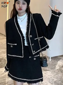 Винтажный Твидовый черный жакет с кисточками, Корейский модный однобортный жакет с V-образным вырезом и длинным рукавом большого размера, Элегантные повседневные топы
