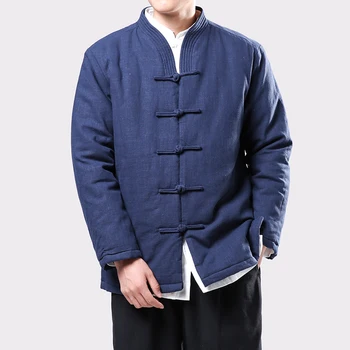 Высококачественная китайская ретро-ханфу с толстой хлопчатобумажной теплой курткой, мужская зимняя льняная куртка с хлопчатобумажной подкладкой, мужской бейсбольный топ с воротником