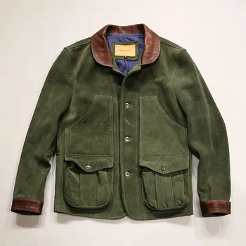 Высококачественные винтажные осенне-зимние модные повседневные пальто с отложным воротником из коричнево-зеленой замши, мужские куртки из натуральной кожи