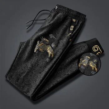 Высококачественные повседневные брюки Kirin с вышитым темным рисунком, мужские весенне-осенние Новые корейские свободные большие универсальные тенденции