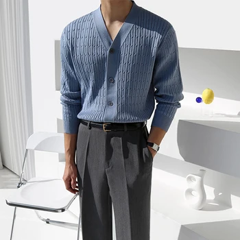 Вязаный кардиган, мужской свитер в корейском стиле, модная осенняя верхняя одежда, повседневная одежда с V-образным вырезом, винтажный кардиган оверсайз Z107