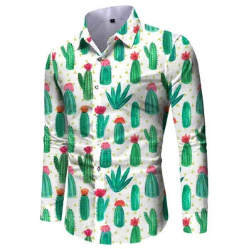 Гавайская рубашка с длинным рукавом, рубашка с цветочным рисунком, мужские модные рубашки, Пляжная блузка, блузки с кактусами, мужская одежда, майки с отложным воротником