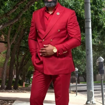 Двубортные красные мужские костюмы, приталенный костюм с отворотом, Свадебный смокинг жениха, мужская модная куртка из 2 частей с брюками 2023