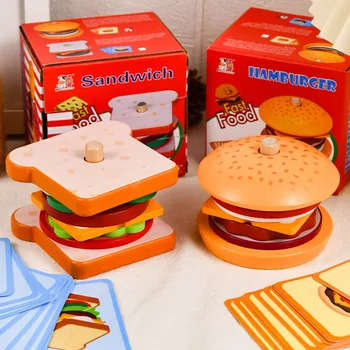 Деревянная имитация сэндвича с бургером и картошкой фри, имитация еды, ролевые игры для родителей и детей, подарки на день рождения Монтессори для детей