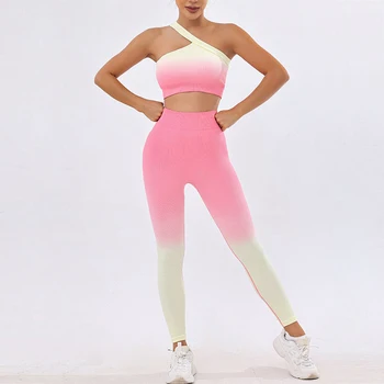 Европейский и Американский Новый градиентный комплект для йоги, женская сексуальная спортивная майка без рукавов, бесшовные шорты для бега и фитнеса с высокой талией.