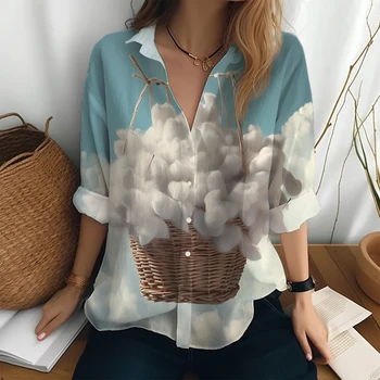Женская весенне-осенняя новая рубашка, офисная повседневная рубашка, модная универсальная рубашка с отворотом на пуговицах, рубашка с длинными рукавами с 3D-принтом