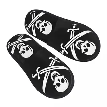 Женская обувь с флагом Веселого Роджера, черные жемчужные тапочки для мужчин, пушистые зимние теплые тапочки, домашние тапочки