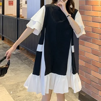 Женская одежда, новые однотонные Повседневные Корейские летние тонкие Модные свободные пуловеры в стиле пэчворк с коротким рукавом, плиссированные платья