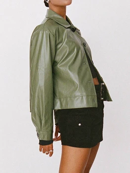 Женская укороченная куртка из искусственной кожи, повседневный Однотонный кардиган на пуговицах с длинным рукавом, осеннее короткое пальто для мотоциклистов, байкеров