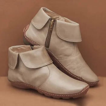 Женские ботинки, однотонные осенне-зимние кожаные короткие пинетки на плоской молнии, обувь с круглым носком, кожаные пинетки, Винтажные ковбойские туфли