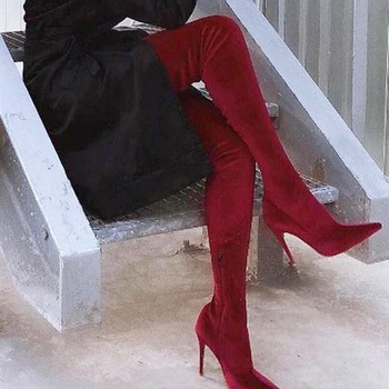 Женские ботфорты выше колена с острым носком, женские сапоги до бедра из флока, зимняя женская обувь на тонком очень высоком каблуке, размер 34-43