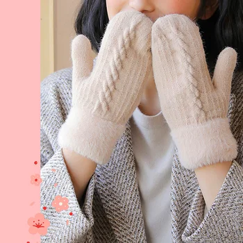 Женские зимние теплые перчатки, утепленные трикотажные перчатки с полными пальцами для девочек, мягкие однотонные велосипедные варежки с мягкой плюшевой подкладкой на открытом воздухе
