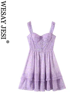 Женские летние платья WESAY JESI TRAF 2023, модные женские платья трапециевидной формы с фиолетовым принтом на бретельках-спагетти и пуговицах-молниях