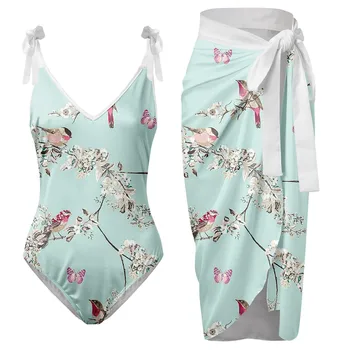 Женский купальник с V-образным вырезом и цветочным принтом, фартук, юбка, комплекты бикини