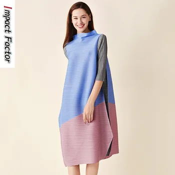 Женское длинное платье Miyake в стиле пэчворк с контрастным принтом, свободные складки, полуприкрытый вырез, рукава 3/4, платье неправильной формы
