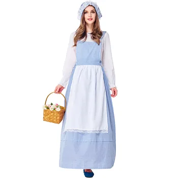 Женское платье горничной в пасторальном стиле, синий сценический костюм фермы с решеткой