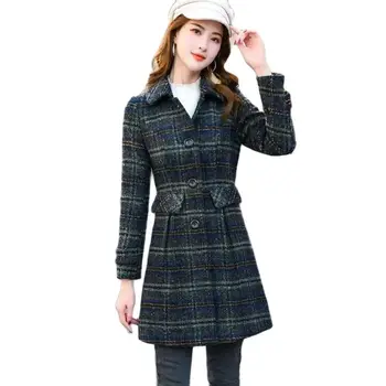 Женское шерстяное пальто 2023, Новая осенне-зимняя куртка в Корейскую клетку, однобортное Длинное шерстяное пальто из смесовой ткани, Женская базовая верхняя одежда 4XL